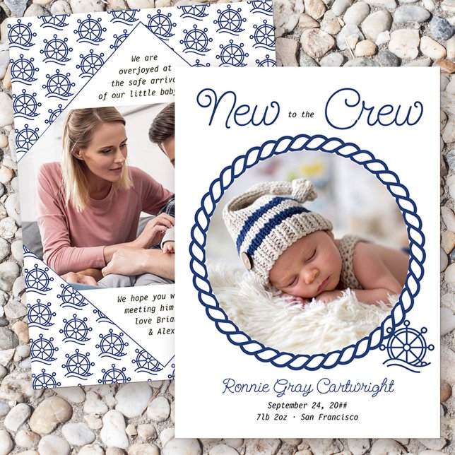 New to the Crew 2 Photo Blue Nautical Wheel Birth Announcement (Nautical baby birth announcement with 2 of your photos and "new to the crew wording")