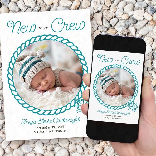 New to the Crew 2 Photo Teal Nautical Wheel Birth Announcement