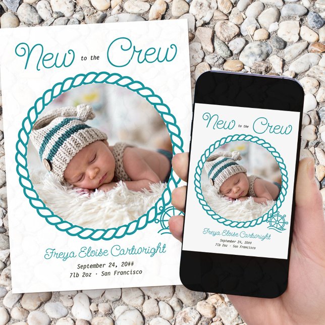 New to the Crew 2 Photo Teal Nautical Wheel Birth Announcement (Nautical baby birth announcement with 2 of your photos and "new to the crew wording")