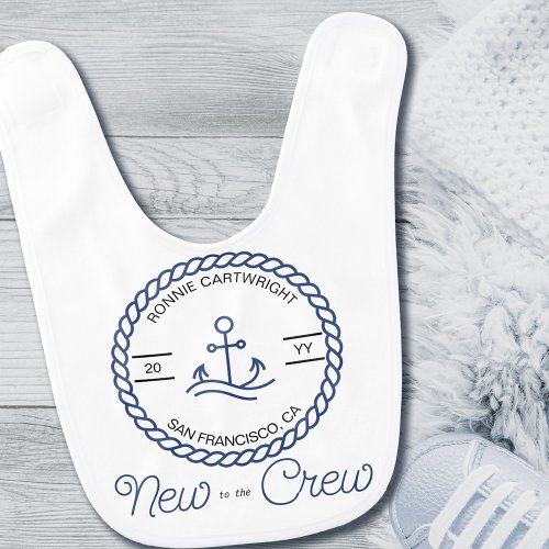 New to the Crew Nautical Boat Anchor Blue White Baby Bib