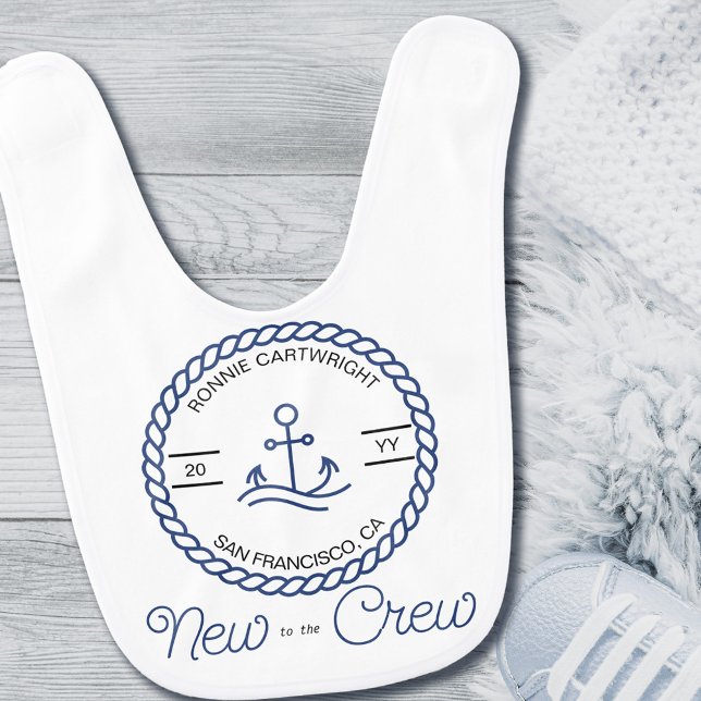 New to the Crew Nautical Boat Anchor Blue White Baby Bib (Creator Uploaded)