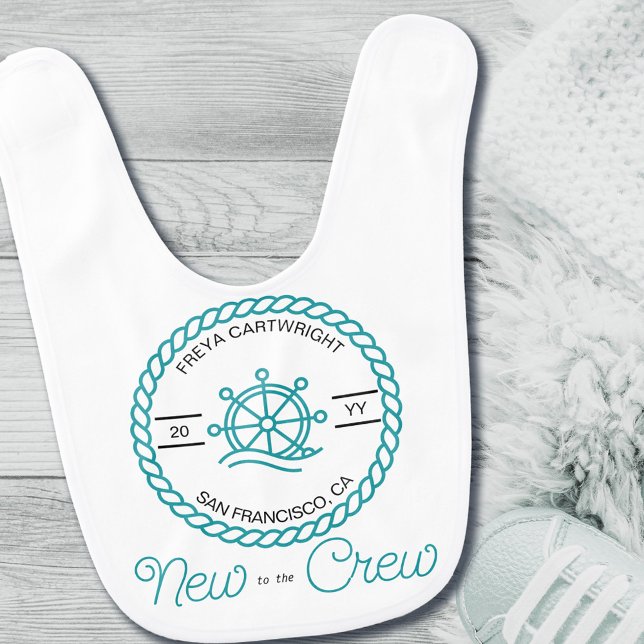 New to the Crew Nautical Captain Wheel Teal White Baby Bib (Creator Uploaded)