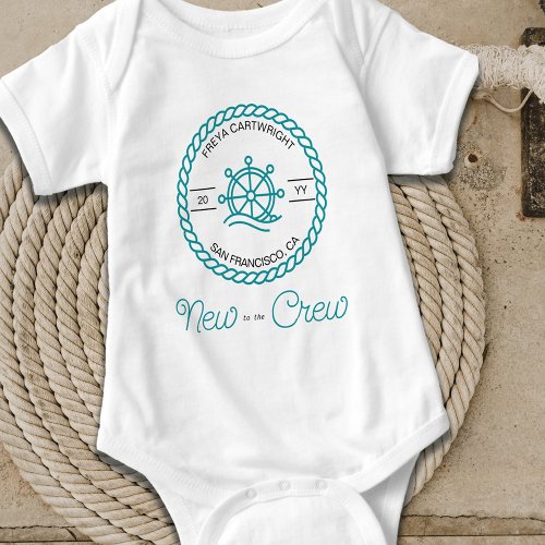 New to the Crew Nautical Teal Ship Wheel Custom Baby Bodysuit