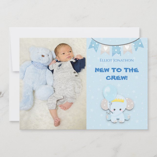 New To The Crew Photo Cute Elephant Baby Boy Announcement (Front)