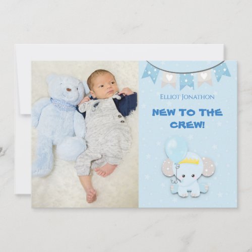 New To The Crew Photo Cute Elephant Baby Boy Announcement