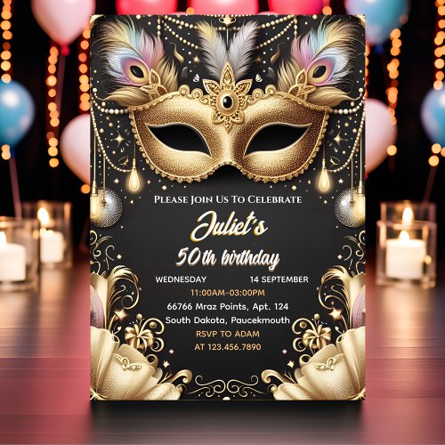 New Tutu Black Gold Chic Masquerade 50th Birthday Invitation