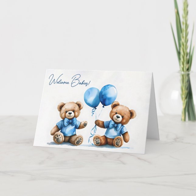 New Twin Boy Teddy Bears With Blue Balloons Card (Front)