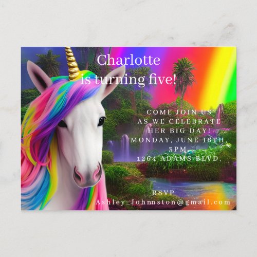 New Unicorn Birthday Party Invitation Postcard