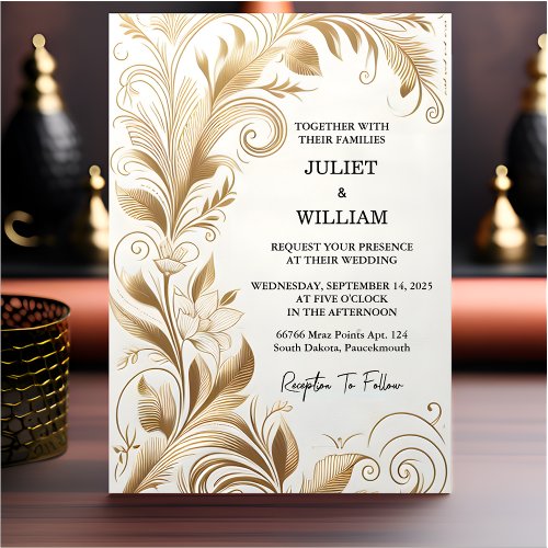 New Vintage Lace Floral Gold Foil Embossed Wedding Invitation
