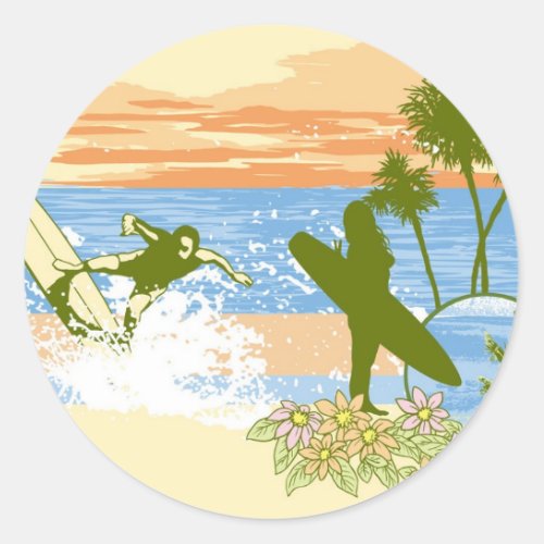 new vintage surfer hawaii beach girl boy classic round sticker