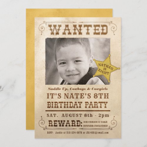 New Wanted Poster Cowboy Western Birthday Party Invitation