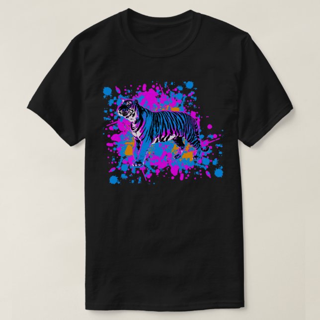 New Wave 80s Retro Blue Tiger Paint Splatter T-Shirt (Design Front)