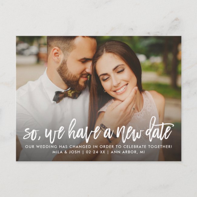 New Wedding Date | Brush Lettered Script Photo Announcement Postcard