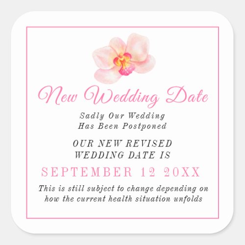 New wedding date event change postponement orchid square sticker