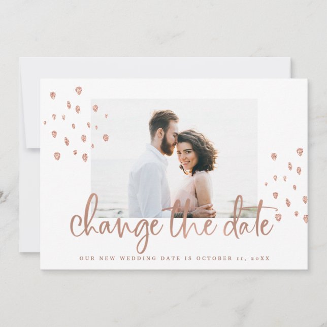 New Wedding Date | Rose Gold Script with Photo Save The Date (Front)