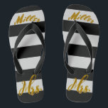 New Wife New Bride Mrs. Personalized Flip Flops<br><div class="desc">Personalized New Wife New Bride Mrs. Metallic Gold Foil Text on Black and White Stripes Beach Bride Sandals</div>