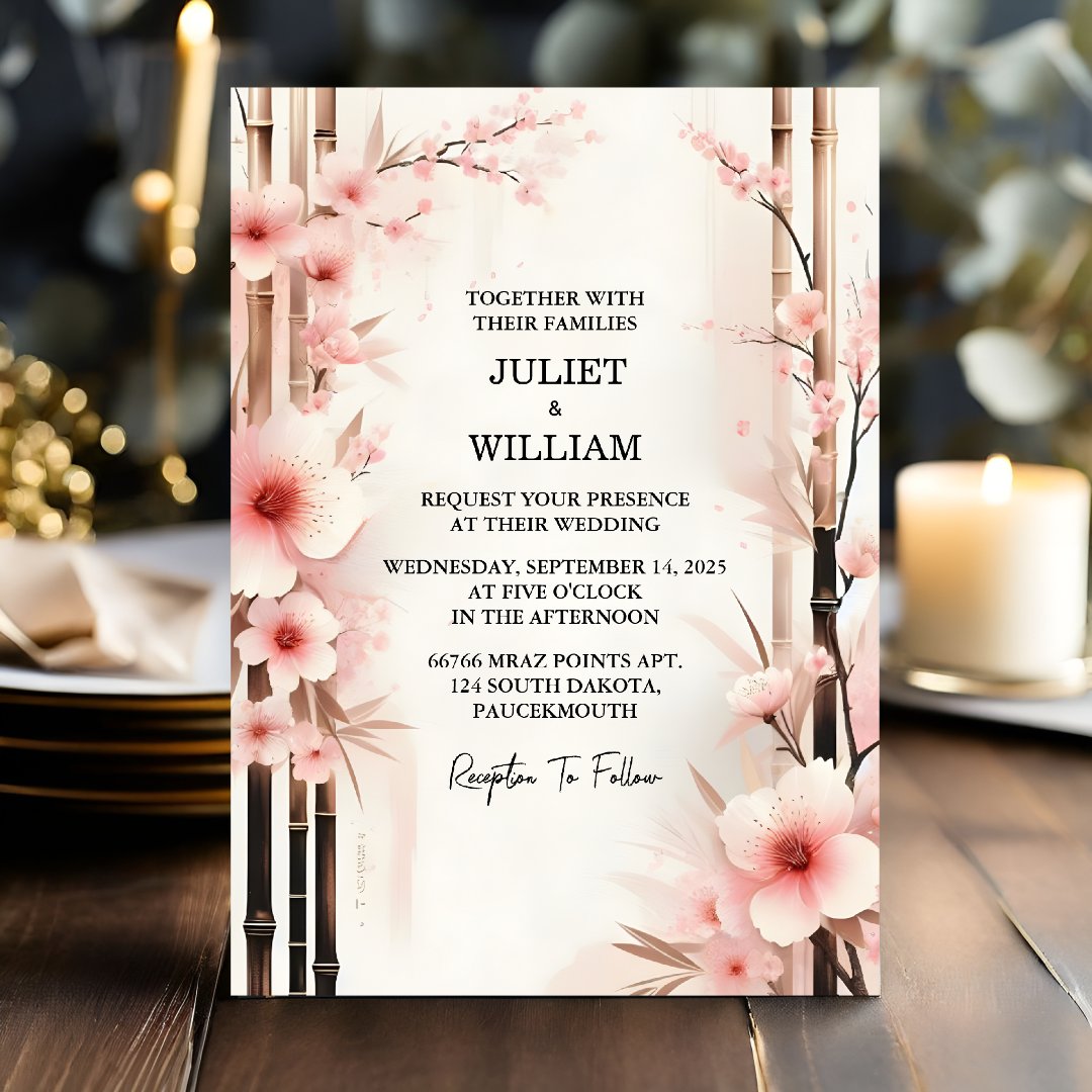 New Wood Bamboo Pink Sakura Cherry Blossom                    Wedding Invitation