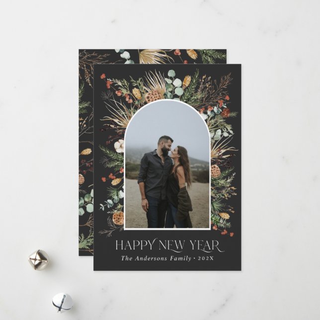 New year 1 photo arch watercolor botanical floral  holiday card (Front/Back In Situ)