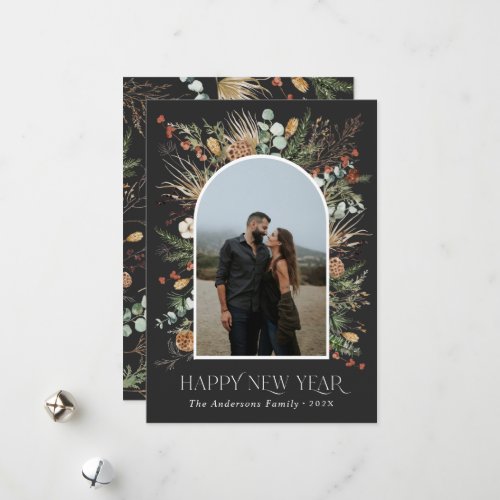 New year 1 photo arch watercolor botanical floral  holiday card