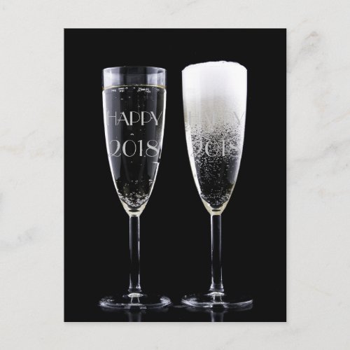 New Year 2018 Black White Champagne Flute Glasses Holiday Postcard