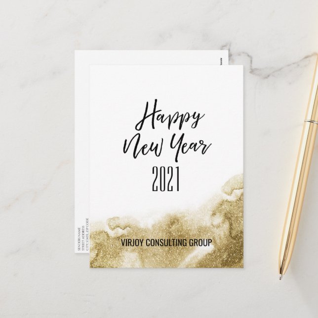 New Year 2021 | Corporate Business Gold Abstract Holiday Postcard (Front/Back In Situ)