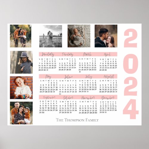 New Year 2024 Calendar Family Multi Photo Collage Poster