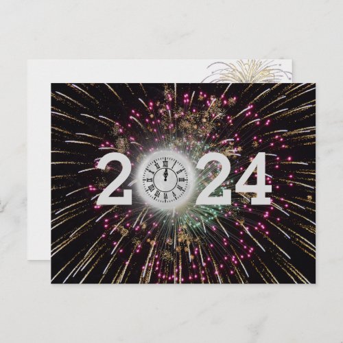 New Year 2024 Fireworks and Moon Clock Postcard