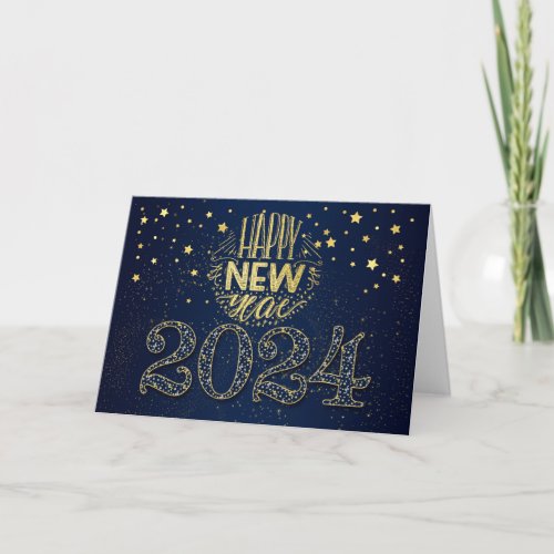 New Year 2024 Navy Blue and Gold Stars Holiday Card