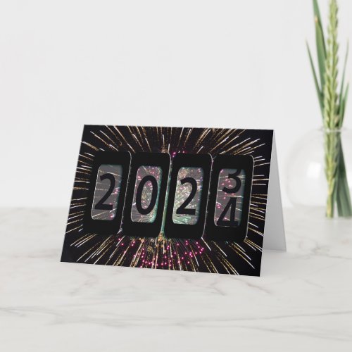 New Year 2024 Odometer and Fireworks Holiday Card