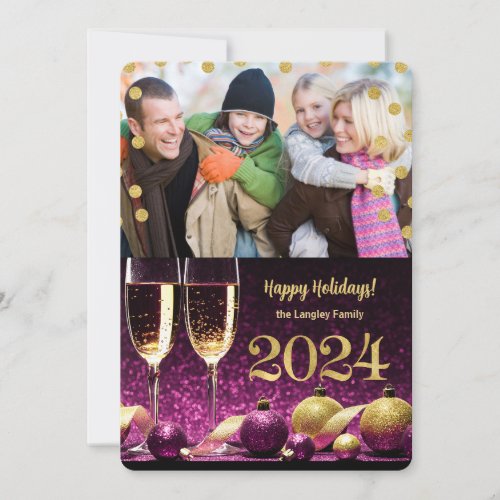 New Year 2024 Purple and Gold Champagne Photo Holiday Card