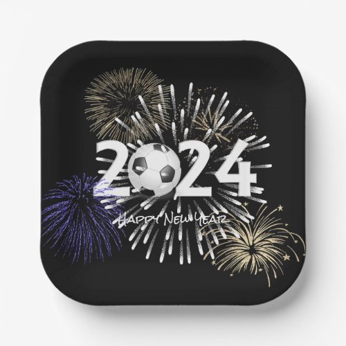 New Year 2024 Soocern Ball and Fireworks Paper Plates
