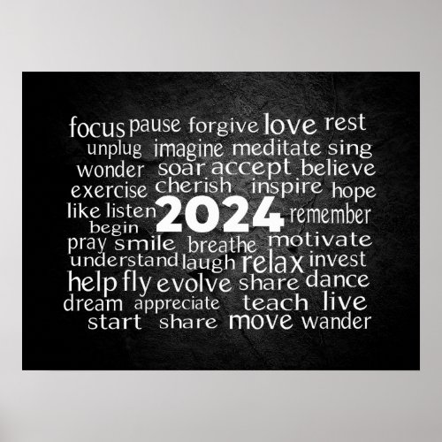 New Year 2024 Word Cloud On Rock Poster