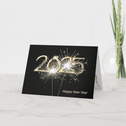New Year 2025 Sparklers on Black Holiday Card