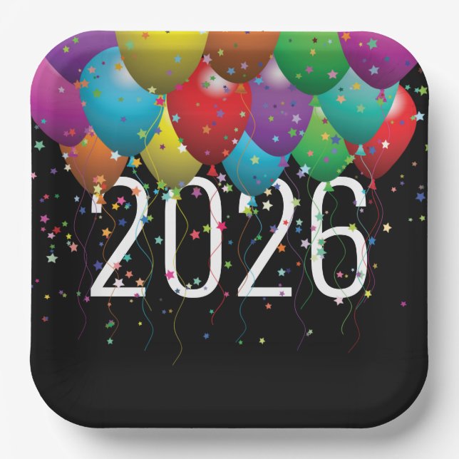 New Year 2026 Balloons Paper Plates (Front)