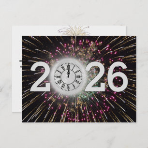New Year 2026 Fireworks and Moon Clock Postcard