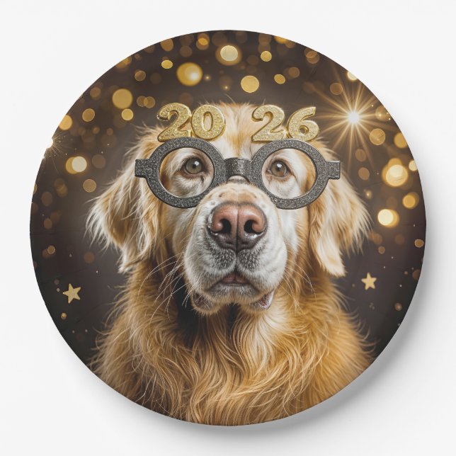 New Year 2026 Golden Retriever Humor Paper Plates (Front)
