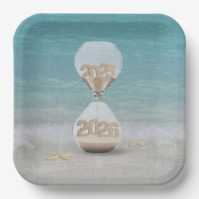 New Year 2026 Hourglass On Beach Paper Plates (Front)