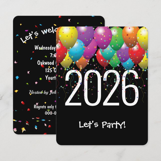 New Year 2026 Party Balloons Invitation (Front/Back)