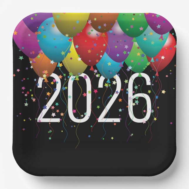 New Year 2026 Party Balloons Paper Plates (Front)