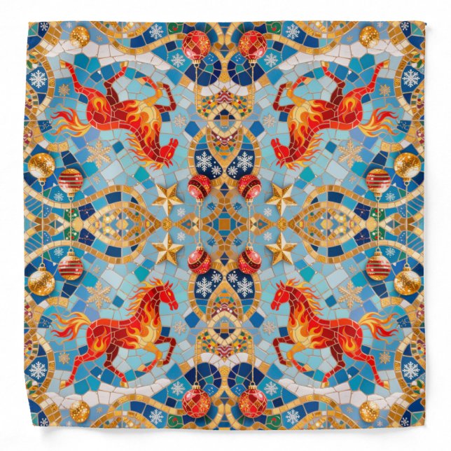 New Year 2026 Red Fiery Horse Christmas Pattern Bandana (Front)