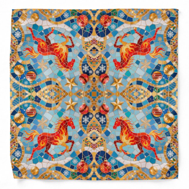 New Year 2026 Red Fiery Horse Christmas Pattern Bandana (Front)