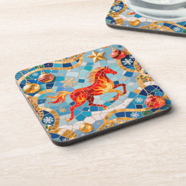 New Year 2026 Red Fiery Horse Christmas Pattern Beverage Coaster (Left Side)