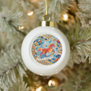 New Year 2026 Red Fiery Horse Christmas Pattern Ceramic Ball Christmas Ornament