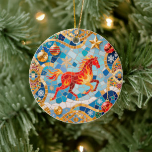 New Year 2026 Red Fiery Horse Christmas Pattern Ceramic Ornament