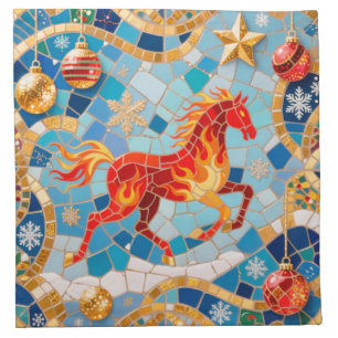 New Year 2026 Red Fiery Horse Christmas Pattern Cloth Napkin