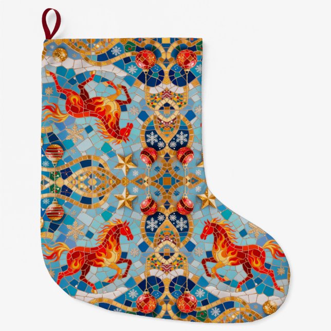 New Year 2026 Red Fiery Horse Christmas Pattern Large Christmas Stocking (Front)