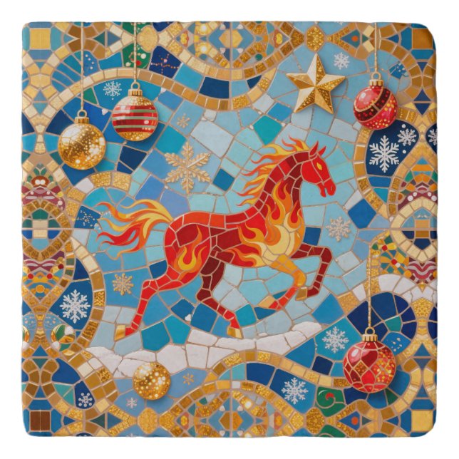 New Year 2026 Red Fiery Horse Christmas Pattern Trivet (Front)