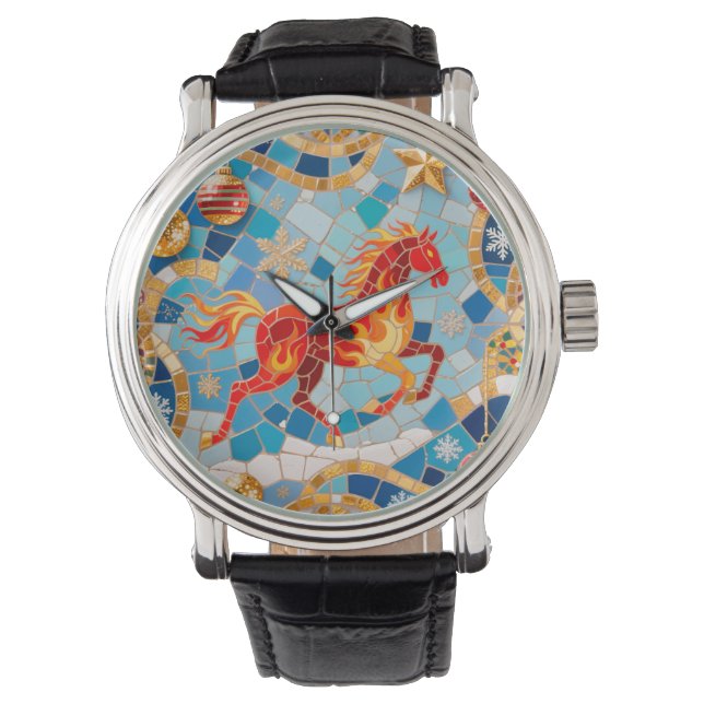 New Year 2026 Red Fiery Horse Christmas Pattern Watch (Front)