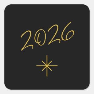 New Year 2026 Simple Snowflake Gold Black Square Sticker