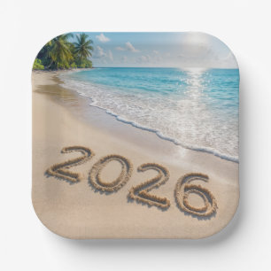 New Year 2026 Text On a Tropical Beach Paper Plates